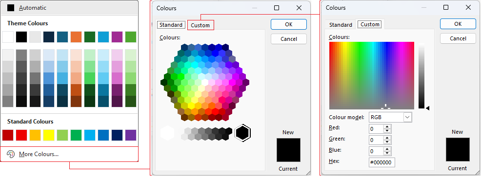 Font colour palettes